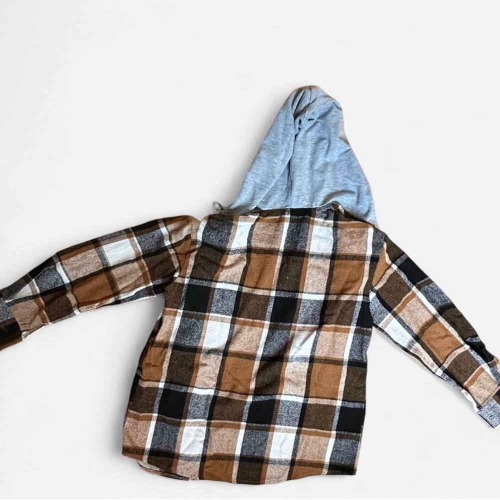 Women’s Black and Brown Plaid Flannel Hoodie shacket size Large - Picture 4 of 6